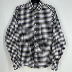 J. HILBURN Custom Men’s Navy and Brown Plaid Long-Sleeve Button Down Shirt sz M